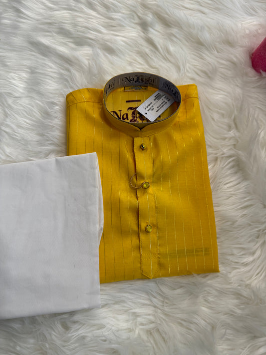 Yellow Kurta Having Vertical Golden Stripes With White Pants