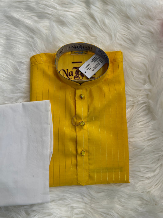 Yellow Kurta Having Vertical Golden Stripes With White Pants