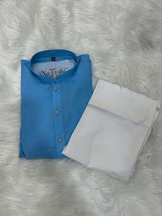 Solid Light Blue Kurta With White Pants