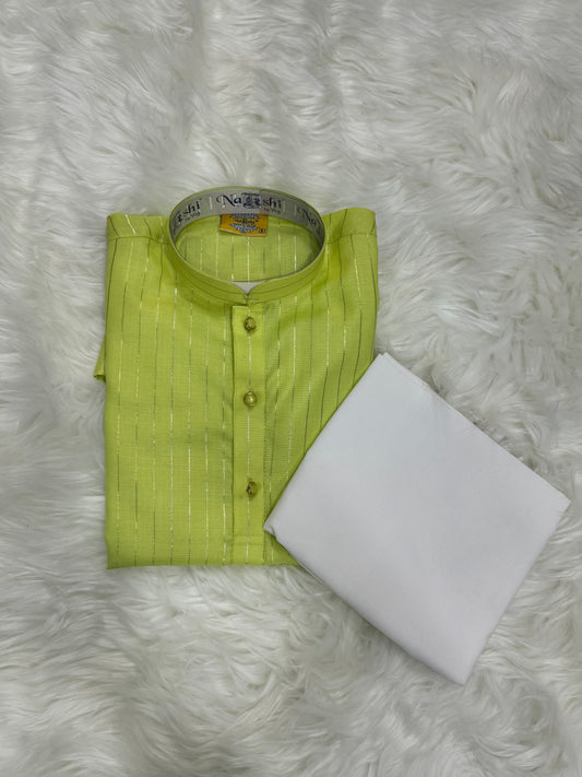 neon-green Kurta Having Golden Stripes With White Pants