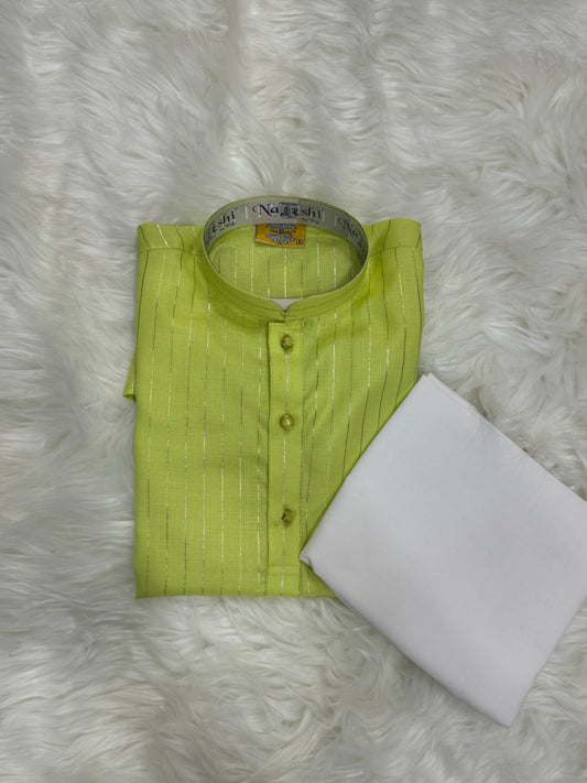 neon-green Kurta Having Golden Stripes With White Pants