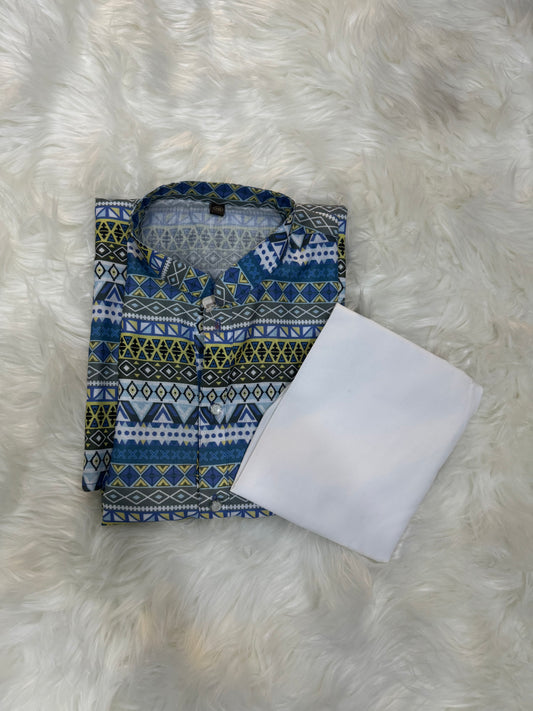 Blue Geometrical Printed  Kurta With White Pants