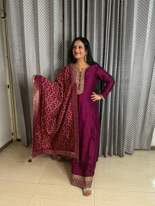 Wine Silk Suit With Printed Banarsi Duppata