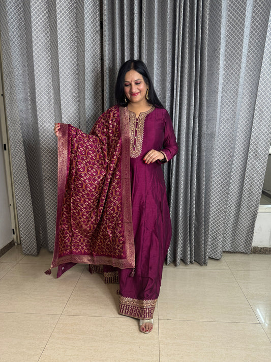 Wine Silk Suit With Printed Banarsi Duppata