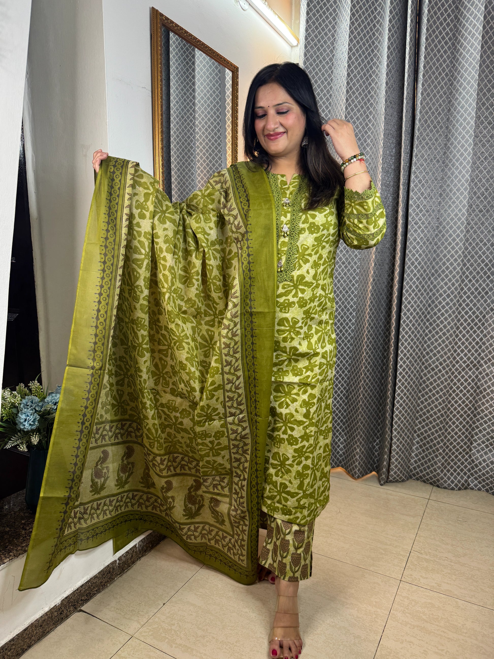 Cotton kurta set showing stylish fit and modern ethnic design for women