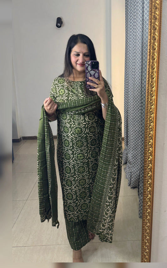 KAIRA green pure cotton three piece suit set for women