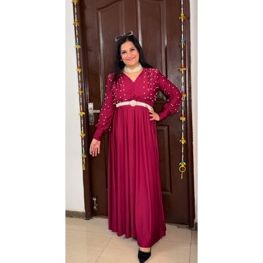 'RADIANCE' Maroon Party Wear Gown With Belt