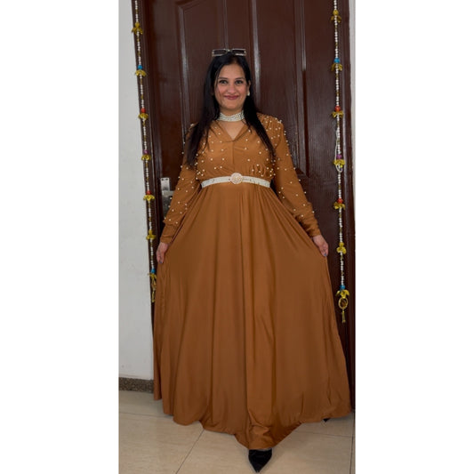 'RADIANCE' Brown Party Wear Gown With Belt