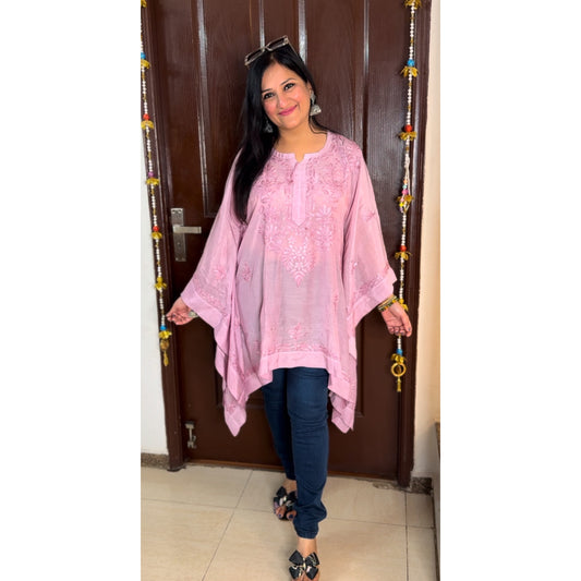 'RISHIKA' Onion Pink Chikankari Short Kaftaan