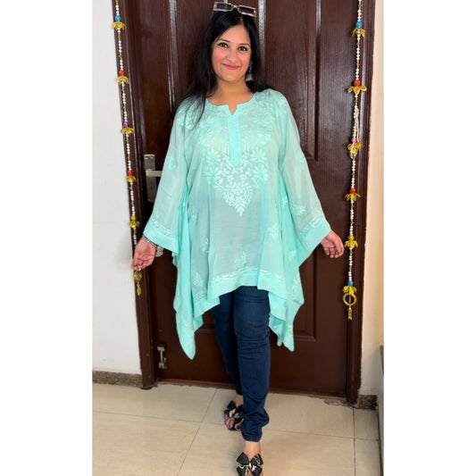 'RISHIKA' Aqua Blue Chikankari Short Kaftaan