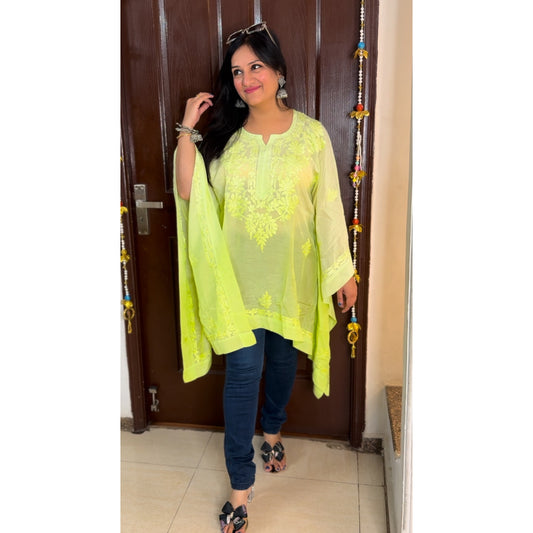 'RISHIKA' Ombre Neo Green Chikankari Short Kaftaan