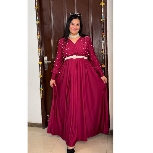 'RADIANCE' Maroon Party Wear Gown With Belt