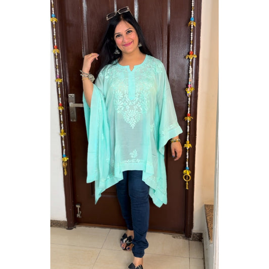 'RISHIKA' Aqua Blue Chikankari Short Kaftaan