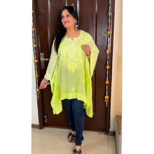 'RISHIKA' Ombre Neo Green Chikankari Short Kaftaan