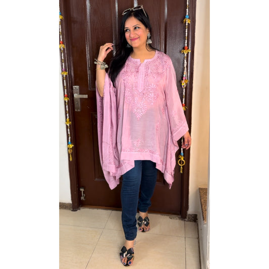 'RISHIKA' Onion Pink Chikankari Short Kaftaan