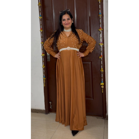 'RADIANCE' Brown Party Wear Gown With Belt